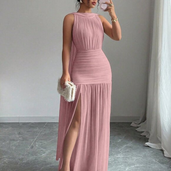 Dresses & Skirts - Pink Casual Women's Elegant Backless Pleated Slit Dress